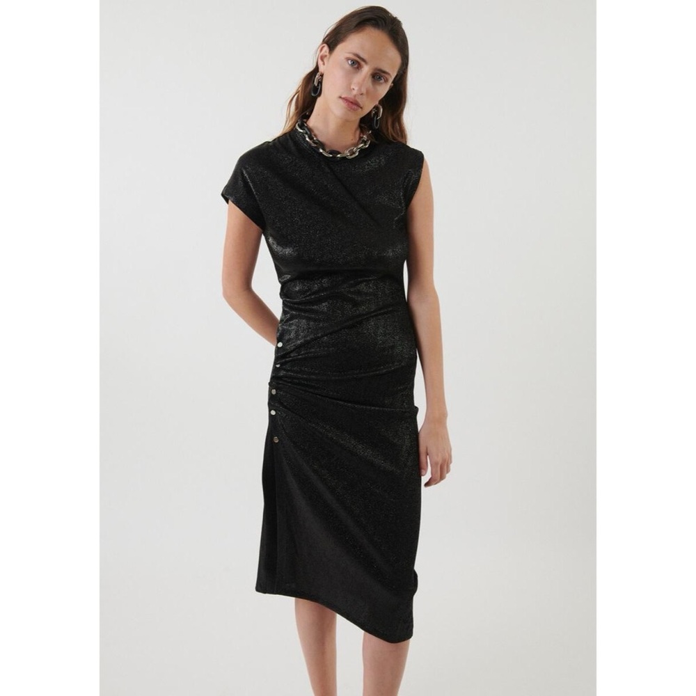 Paco Rabanne Black Lamé Draped Asymmetric Midi Dress Size FR 36/US 4